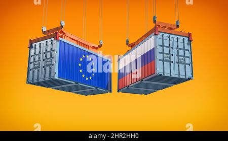 Frachtcontainer mit Russland- und EU-Flagge. 3D Rendering Stockfoto