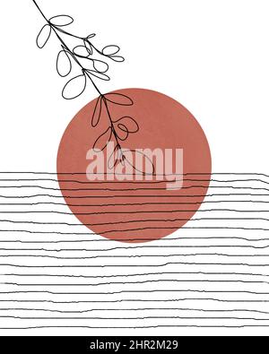 Boho Sunset Print, orange Sonne, Line Art Blatt und Meer, Terrakotta-Farbe, unkonventionelle minimalistisch bedruckbare Wandkunst, moderne digitale Illustration aus der Mitte des Jahrhunderts Stockfoto