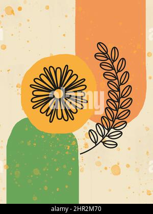 Handgezeichneter abstrakter Boho-Druck mit tropischem Blatt und einer Linie in Kunstfarbe. Florale Bohemian-Illustration. Design für Muster, Poster, Einladung, Grußkarte Stockfoto