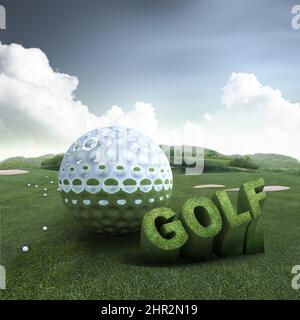 3D Golfball Hintergrund mit Himmel und Wolken und Golfplatz Feld Stockfoto
