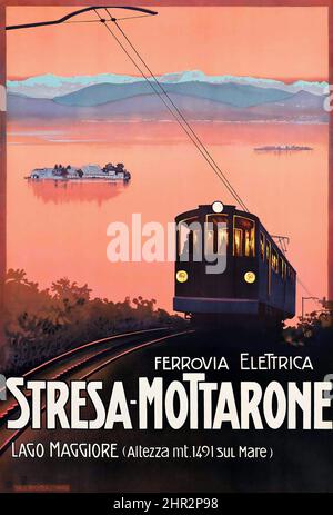 Anonymer Künstler. STRESA-MOTTARONE, LAGO MAGGIORE - Vintage-Werbeplakat für eine Seilbahn/Straßenbahn. Stockfoto