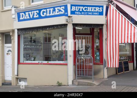 Entlang Gloucester Rd Bristol UK Dave Giles Butchers Bishopston Stockfoto