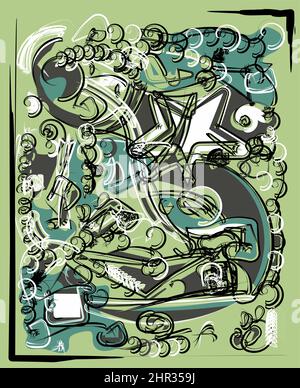 Abstrakte bunte Zusammensetzung, ausgefallene Formen schwarz, weiß. Auf grünem Hintergrund Stock Vektor