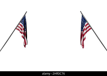 Hübsche zwei USA-Flaggen hängen in Eckstangen von zwei Seiten isoliert auf weiß - jede Feier Flagge 3D Illustration Stockfoto