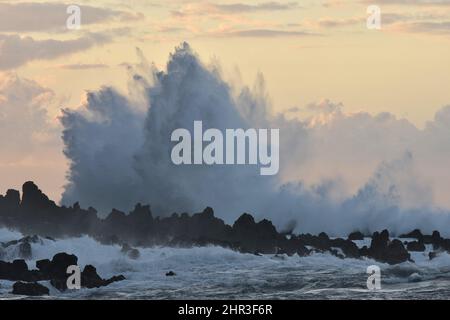 Große Wellen schlagen auf vulkanisches Gestein in der Nähe von Punta Brava an der Nordküste der Kanarischen Inseln Teneriffa. Stockfoto