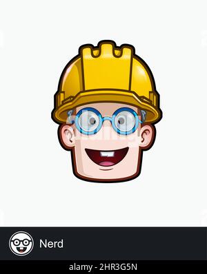 Ikone eines Bauarbeiters mit Nerd emotionalem Ausdruck. Alle Elemente übersichtlich auf gut beschriebenen Ebenen und Gruppen. Stock Vektor