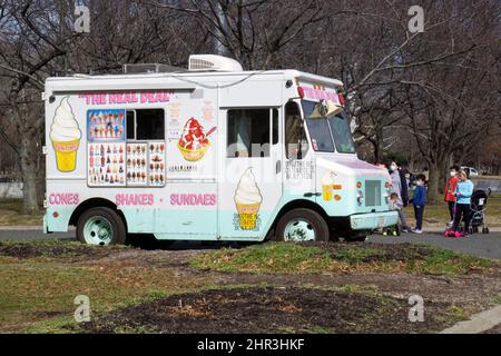 An einem milden Wintertag bildet sich eine Linie, um Softserve-Eiscreme vom Real Deal Truck in einem Park in Queens, New York City, zu kaufen. Stockfoto