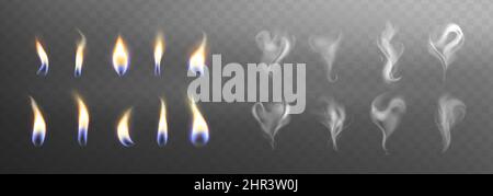 Kerzenflammenlampen und Rauchdampf mit hart- und wirbelförmiger Kollektion auf dunklem Hintergrund. Set brennender Feuerflammen. Vektor realistisches Kerzenlicht-Element-Design. Stock Vektor