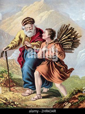 Bibelgeschichten - Illustration von Abraham mit Isaak, der den Wald für sein Opfer auf den Berg Moriah trägt Genesis XXII 1-19 Stockfoto