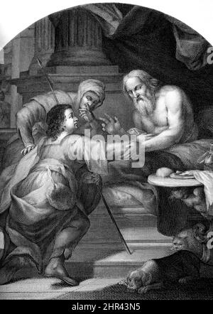 Bibelgeschichten - Illustration von Rebekka und Jakobs Täuschung von Isaak Jakob hat sich als Esau verkleidet, Isaak glaubt, dass Jakob sein Zwillingsbruder Esau war Stockfoto