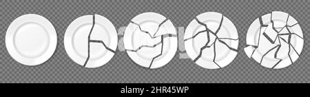 Zerbrochene Teller, zerbrochene Teller, zerbrochene Porzellanschüsseln. Realistische leere weiße Schale brach in Stücke, Keramik Scherben Vektor-Set. Abbildung o Stock Vektor