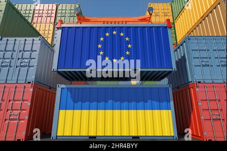 Frachtcontainer mit Russland- und EU-Flagge. 3D Rendering Stockfoto