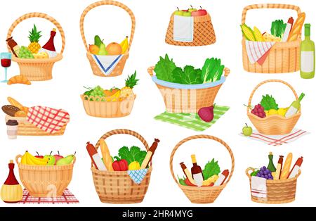 Cartoon Weidenpicknickkörbe mit leckeren Speisen und Getränken. Geschenkkorb voller Früchte, Sommer-Abendessen im Freien in gewebtem Korb Vektor-Set. Abbildung o Stock Vektor