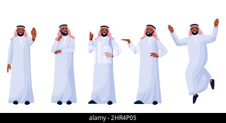 Arabische junge glückliche Männer in traditioneller Kleidung in verschiedenen Posen isoliert auf weißem Hintergrund. Arabisch muslimische männliche Schriftzeichen gesetzt. Vektor flache Cartoon i Stock Vektor