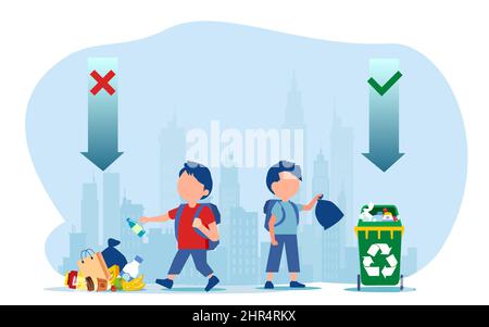 Vektor von zwei Jungen, die richtige und falsche Beispiele für das Auswerfen von Müll geben Stock Vektor