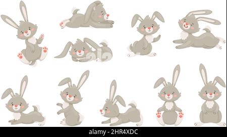 Cartoon Kaninchen, niedliches Baby Hase, grauer flauschiger Hase. Osterhasen in verschiedenen Posen, entzückende Kaninchen, Wildtiere oder Nutztiere Vektor-Set von Kaninchen Stock Vektor