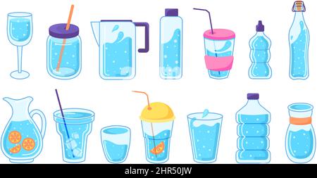 Süße Wasserflaschen-Doodles, wiederverwendbare Getränkebehälter. Flaschen, Flaschen, Krüge mit Eiswasser oder Zitrone, erfrischendes Sommergetränk-Vektor-Set. Abbildung Stock Vektor