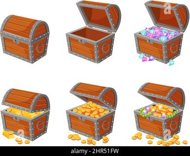 Cartoon-Schatzhaufen mit Münzen, Juwelen, Edelsteinen und Goldbarren. Piratenschätze, Goldhaufen, Edelsteine, Holzkiste, Kronenvektor-Set. Illust Stock Vektor