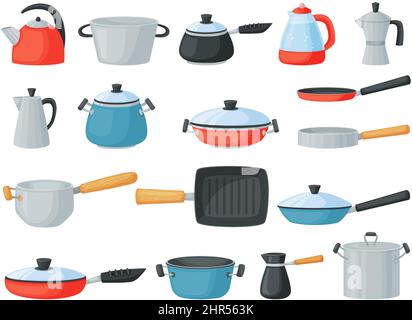Cartoon-Bratpfannen, Kochtöpfe und Kochtöpfe, Metallgeschirr. Küchenutensilien, Wasserkocher, Grillpfanne, Topf mit Deckel, Küchengeschirr Vektor-Set. Illustratio Stock Vektor