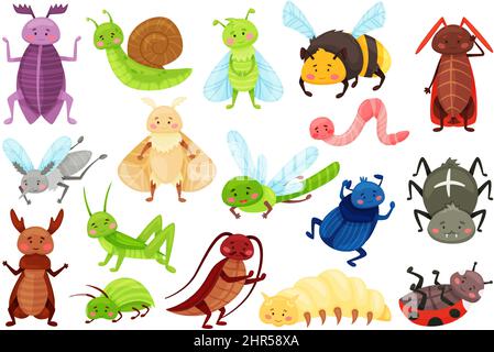 Cartoon Insekten, niedliche Gartenwanzen, Libelle, Marienkäfer, Spinne. Lustige Schnecke, Hummel, Libelle, lächelnde Insektenfiguren für Kinder Vektorset. Illus Stock Vektor