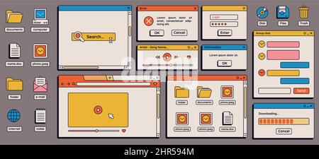 90s Retro Vaporwave alte Desktop-Benutzeroberfläche Elemente. Niedliche nostalgische Computer-ui, vintage ästhetische Icons und Windows-Vektor-Set. 90s Schnittstelle Dig Stock Vektor