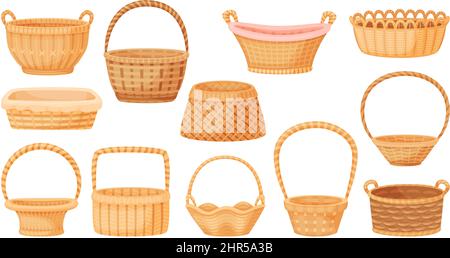 Cartoon Korbkörbe, Picknickkorb, leerer Geschenkkorb. Handgemachte Rattan oder Bambus gewebte Aufbewahrungsbehälter, ländliche Inneneinrichtung Vektor-Set. Illustra Stock Vektor