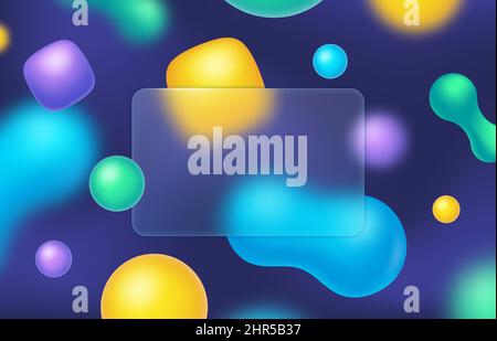 Rahmen im Glassmorphismus-Stil mit farbenfrohem abstrakten Hintergrund. Durchsichtige Milchglasplatte mit Vektorgrafik mit verschwommenen Formen. Transparente Unschärfe Stock Vektor