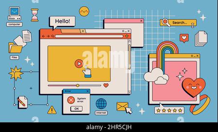 90s Retro Vaporwave Ästhetik digitale Bildschirm Benutzeroberfläche. Nette alte Computer-ui-Elemente, nostalgische pc-Symbole und Dialogfelder Vektor-Set. Illustrat Stock Vektor