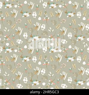 Vektor nahtloses Muster in einem handgezeichneten Stil. Lineare Zeichnung, Pastellfarben. Detailliertes Pflanzenelement, botanische Illustration. Vintage Hintergrund Design, Druck, Textil. Vektorgrafik Stock Vektor