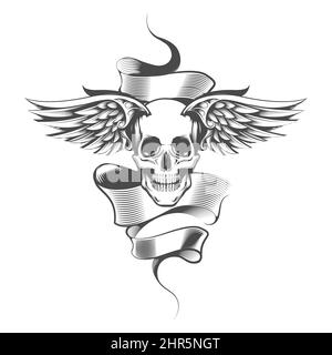 Geflügelter Schädel und Banner Tattoo isoliert auf weiß. Vektorgrafik. Stock Vektor