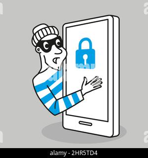 Vektorkonzept. Cyberdieb stiehlt persönliche Daten und Gelder von einem Mobiltelefon. Charakter im Cartoon-Stil Stock Vektor