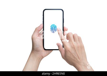 Hand hält Smartphone und Hand berühren Telefon mit leerem Bildschirm isoliert auf weißem Hintergrund. Berühren Sie das Smartphone mit dem Finger, um den Bildschirm zu entsperren. Stockfoto