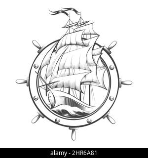 Sail Ship Inside Ship Wheel Engraving Tattoo isoliert auf weiß. Vektorgrafik. Stock Vektor