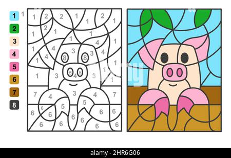 Farbe nach Zahlen Schwein Tier. Puzzle-Spiel für Kinder Bildung, Zeichnung und Mathematik zu lernen Stock Vektor