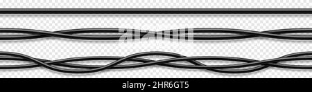 Set aus schwarzen flexiblen Kabeln mit Schatten. Elektrische Leitung. Realistisches Netz- oder Netzwerkkabel. Vektorgrafik. Stock Vektor