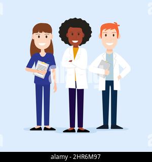 Teamarbeit von Ärzten und Krankenschwester unterschiedliche Ethnie und Geschlecht. Set Zeichen Vektor-Illustration. Stock Vektor