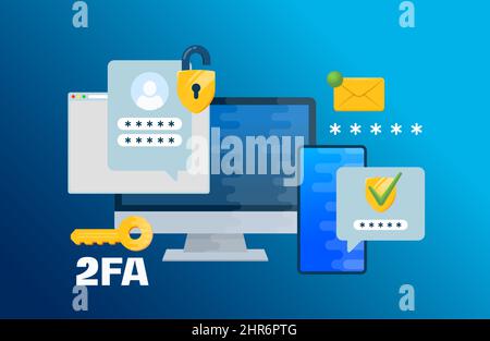 Abbildung zur zweistufigen Autentisierung der Sicherheit. Benachrichtigung zur Anmeldebestätigung mit Umschlagnachricht mit Kennwortcode. Smartphone, Mobiltelefon und Stock Vektor
