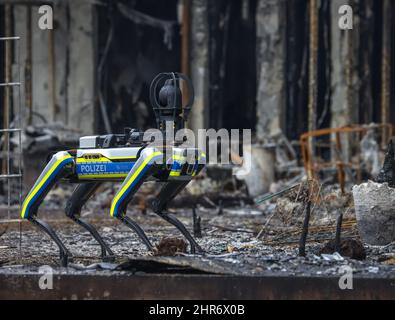 Essen, Nordrhein-Westfalen, Deutschland - Großbrand in der Essener Weststadt. Wegen der Gefahr des Zusammenbruchs, der zerstörte Wohnblock in Bargma Stockfoto