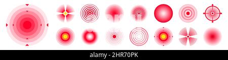 Schmerzlokalisierung. Schmerzhafter Bereich, schmerzende Stelle. Rote Kreise, Ziele. Kopfschmerzen, gequetschter Körperteilmarker. Symbol für Rücken-, Nacken- und Muskelschmerzen Stock Vektor