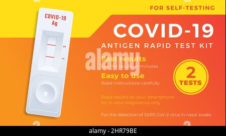 COVID-19 Antigen Fast Self Test Label Template. Medical Corona Virus Nasal Swab Diagnostic Kit Vektor Hintergrund Design Layout. Moderne Typografie Stock Vektor