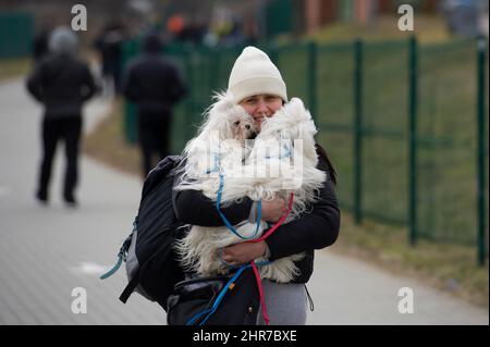 Medyka, Warschau, Polen. 25.. Februar 2022. Am 25. Februar 2022 überquert eine Frau mit ihren Hunden die polnische Grenze in der Ukraine in Medyka, Polen. Tausende von Menschen, die vor dem Krieg in der Ukraine fliehen, überqueren die Grenze zu Polen, Rumänien, Ungarn und der Slowakei, während das russische Militär den Angriff auf die Hauptstadt Kiew fortsetzt. Meist warten Frauen und Kinder stundenlang an überlasteten Grenzübergängen bei eisigen Temperaturen, nachdem die Ukraine die Durchreise für Männer zwischen 18 und 60 Jahren eingeschränkt hat. (Bild: © Aleksander Kalka/ZUMA Press Wire) Stockfoto