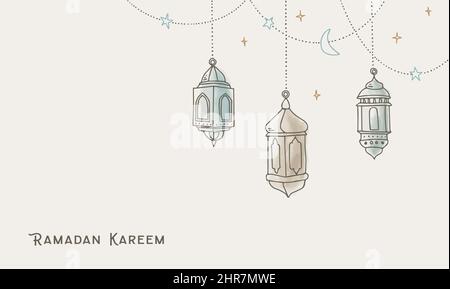 Girlanden mit hängenden bunten arabischen Laternen, Sternen und Lichtern. Grußkarte, Einladung zum muslimischen Feiertag Ramadan Kareem. Party-Deko. Hand Stock Vektor