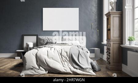 Posterrahmen im modernen Innenhintergrund, Schlafzimmer, Boho - skandinavischer Stil, 3D Render, 3D Illustration Stockfoto