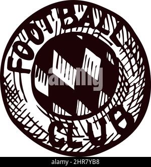 Fußball-Emblem-Skizze isoliert. Vintage-Element der Fußballmannschaft im handgezeichneten Stil. Gravierte Ikone entworfen für Poster, Druck, Buchillustration, lo Stock Vektor