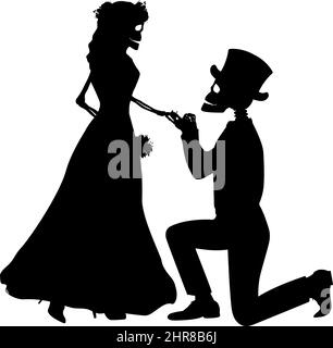 Silhouetten des männlichen Skeletts, das vor dem weiblichen Skelett kniet. Tag der Toten. Stock Vektor