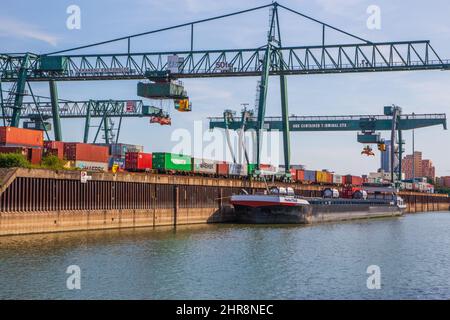 Krane, Container und Fracht rund um den Rhein im Industriehafen Köln Nordrhein-Westfalen Deutschland Europa Stockfoto