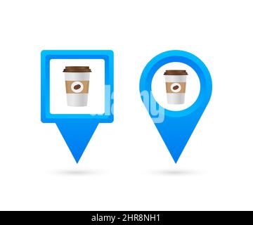 Kartenzeiger mit Kaffee. PIN Point Café. Vektorgrafik. Stock Vektor