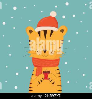 Das Symbol des neuen Jahres 2022 ist der Tiger. Weihnachtstiger mit Neujahrshut. Niedliche Cartoon-Stil.Holiday Karte für Ihr Design Stock Vektor