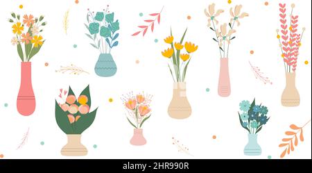 Set von wilden und Garten blühenden Blumen in Vasen Hintergrund. Bundle von Blumensträußen. Set mit dekorativen floralen Designelementen. Flache Cartoon-Vektor illustrr Stock Vektor
