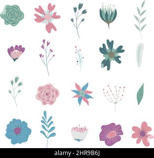 Set von Blumen und Blättern isoliert auf weißem Hintergrund Stock Vektor